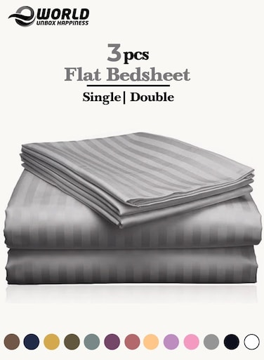 3 Piece Luxury Grey Striped Bed Sheet Set with 1 Flat Sheet and 2 Pillowcases for Hotel and Home Crafted from Ultra Soft and Breathable Microfiber for Year-Round Comfort, (Single/Double)