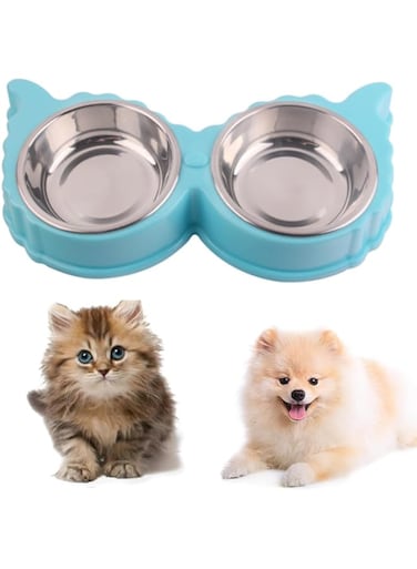 Rayyan Dog Cat Bowls,Stainless Steel Pet Double Bowl Food and Water Bowls with No-Spill No-Skid Silicone Mat, Pet Feeder Bowls Small Puppy Bowl for Small Dogs Cats(Blue,30x16x4.5cm)