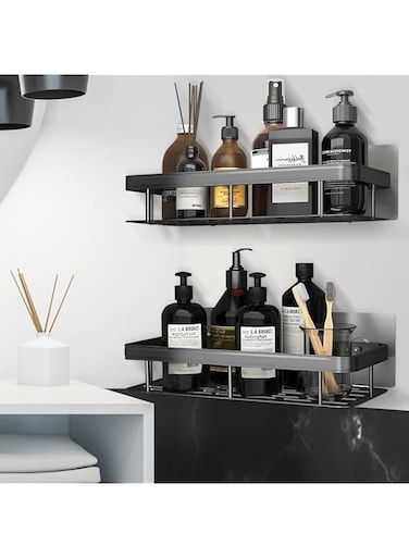 INFOSUN 2PCS Bathroom Shower Shelf, No Drilling Shower Shelf for Bathroom Storage, Can be wall-mounted without holes for Bathroom, Toilet, Shower, kitchen Accessories, with 1 Soap Dishes(2Pack,Black)