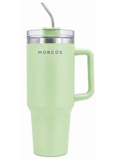 Mobcos Plain Insulated Travel Tumbler 1200ml   Stainless Steel Vacuum Flask with Handle, Straw &amp; Leakproof Lid   Reusable Coffee Mug   Water Bottle   Light Green