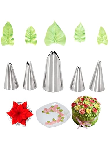ELECDON Decorating Tube Set, 5 Pieces Leaf Piping Icing Nozzle Cake Decorating Tube Set, Leaves Stainless Steel Icing Piping Nozzles for Pastry Fondant DIY Baking Tools (Leaf)