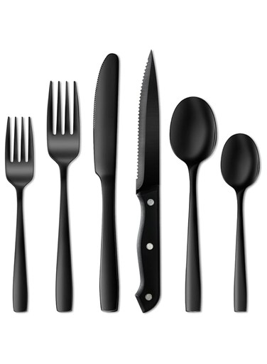 NETANY 24 Pieces Black Silverware Set, Black Flatware Set, Food-Grade Stainless Steel Cutlery Set for 4, Tableware Eating Utensils, Mirror Finished, Dishwasher Safe