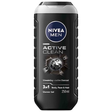 NIVEA MEN 3in1 Shower Gel Body Wash Active Clean Charcoal Woody Scent 250ml