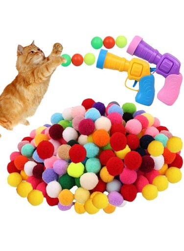 100 Pcs Interactive Cat Toy Set for Indoor Cats, Pom Pom Balls with 2 Cat Toy Ball Launcher Gun, Cat Toys Interactive for Indoor Silent Plush Elastic Cat Ball Toy(with six Bouncy Balls,Multicoloured)