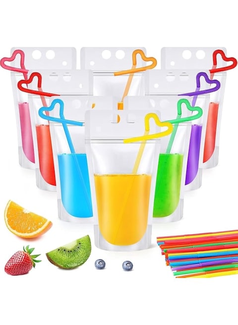 HIQUAY 50 Pack Clear Drink Pouches with Straws Plastic Juice Pouches for Adults and Kids, Disposable Drink Bags Stand up Zipper Drinking Pouches for Smoothie Juice Coffee Tea, Birthday Party Favor