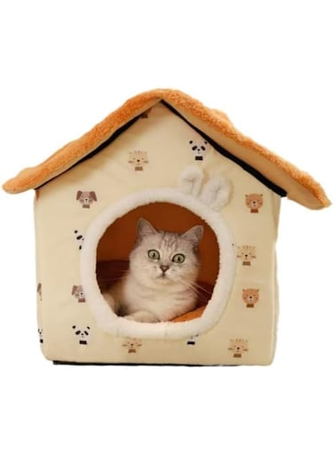 AoMige Cat House Dog Bed, Cat Cave Nest Soft Warm Puppy Tent with Removable Washable Cushion Cute Pet House for cat and Dog (Beige, M)