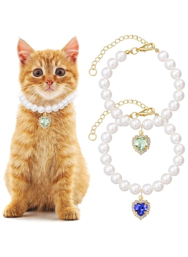 2pcs Cat Dog Pearl Collar, Small Heart Shape Rhinestone Pet Necklace, Adjustable Wedding Party Pet Jewelry Accessories for Puppy Small Cats (Green+Blue)
