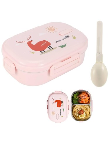 Lunch Box, 720ml 2-Compartment Stainless Steel Lunch Box with Spoon: Portable Insulated Lunch for Office, School.