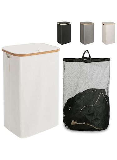 SIMPDIY Large Laundry Basket with Lid, 110L Tall Laundry Basket with Bamboo Handles for Clothes and Toys, Collapsible Laundry Hamper with Inner Bag for Bedroom and Bathroom (Beige)