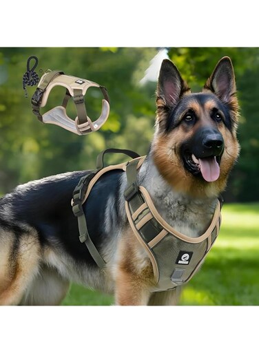 Checkzed Dog Harness for Large Dogs, Adjustable dog Vest Style Pet Leash with Padded Handle, Reflective Strips for Large Dogs &ndash; Ideal Dog Walking Vest and Pet Outdoor Safety Gear (L, Khaki)