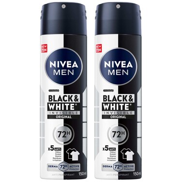 NIVEA MEN Black &amp; White Invisible Antiperspirant Deodorant Spray, Original, 72H Active Protection, 150ml, Pack of 2