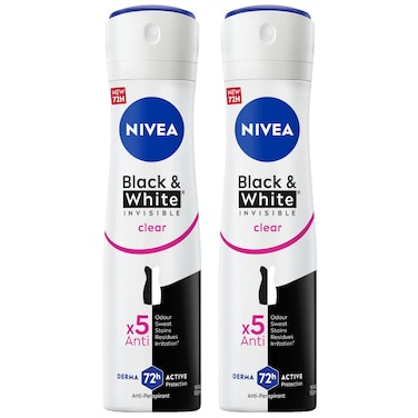 NIVEA Black &amp; White Invisible Antiperspirant Deodorant Spray for Women, Clear, 72H Active Protection, 150ml, Pack of 2