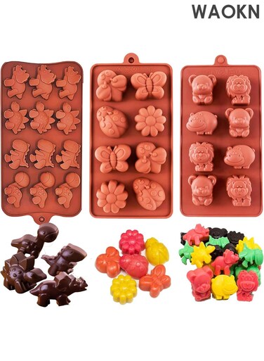 Silicone mold,Chocolate Molds Silicone,Gummy Bear Molds,Animal Silicone Molds,Moldes para gelatinas individuales.Features Bear,Dinosaur,Lion,Hippo,Bees,Ladybugs,Beetles,Butterflies,and Flowers.3Pcs.