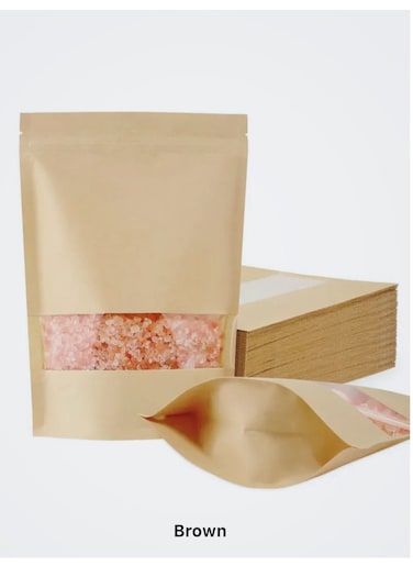 50Pcs Kraft Paper Standing Bag With Clear Window Zip Lock Food Storage Bag Reusable Sealable Paper Bag Coffee Bag