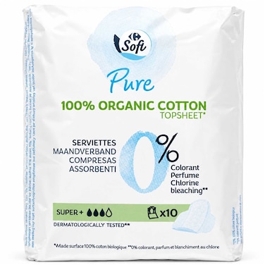 Carrefour Soft Pure Organic Cotton Ultra Thin Sanitary Pads, Super, 10 Pads