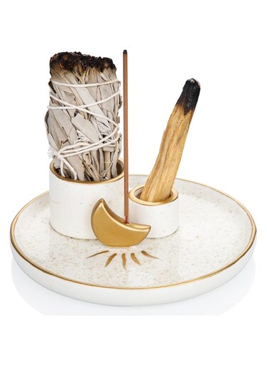 ZenBless Multifunction Incense and Candle Holder for Burning Sage, Palo Santo, Incense Sticks - 5.9" Ceramic Ash Catcher Tray for Meditation Room Home Decor (Gold)