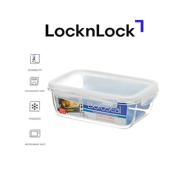 LocknLock 1.35L Oven-Safe Borosilicate Glass Rectangular Container with Airtight Lid - Microwave, Freezer, and Dishwasher Safe