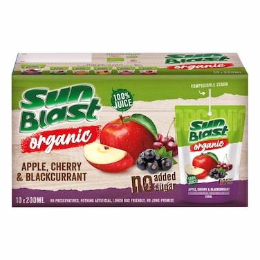 Sunblast Organic Apple, Cherry and Blackcurrant Juice, 200ml Pack of 10