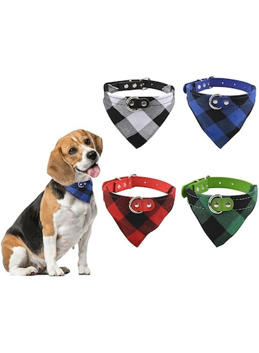 Excefore Dog Bandana Collar, 4 Pieces Cute Plaid Bandana Dog Collar Adjustable Pet Triangle Bibs Buckle Collar Leather for Dogs Pets, L