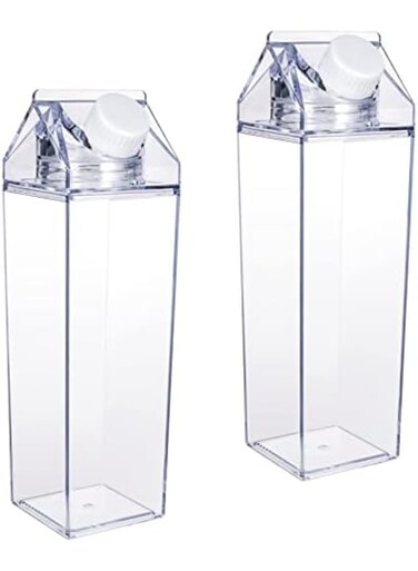 2 Pack Milk Carton Water Bottle, Clear Square Plastic Milk Bottles Portable Transparent Juice Bottle for Outdoor Sports Travel Camping(500ml)