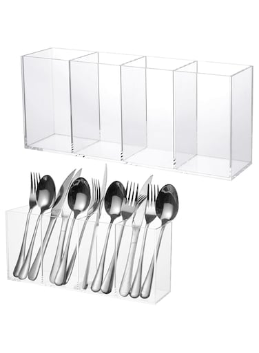 Rainmae Acrylic Cutlery Storage Organizer with 4 Section, Cutlery Utensil Holder Storage Organizer Caddy for Kitchen Countertop Dining Room Home Desk Party Table - Holds Fork, Knife, Spoon, Silverware
