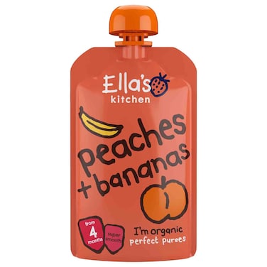 إيلاز كيتشن مهروس طعام أطفال خوخ وموز عضوي، مهروس فواكه ناعم للأطفال من عمر 4 أشهر، 120 غرام