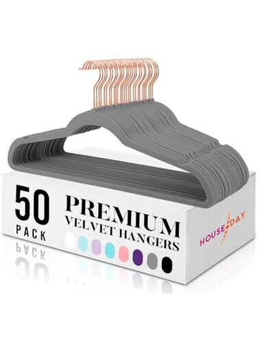HOUSE DAY Gray Velvet Hangers 50 Pack, Non Slip Felt Hangers, Space Saving Clothes Hangers, Heavy Duty Coat Hangers, Slim Flocked Hangers, Suit Hanger for Adult (Grey/Rose Gold Hooks)