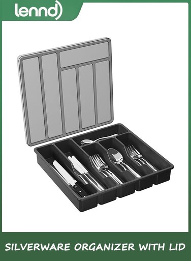 Silverware Organizer with Lid, Covered Utensil Tray for Kitchen Drawer and Countertop, Plastic Cutlery and Flatware Storage Box for Spoons Forks Knives Holder Case, 6 Compartments, Black