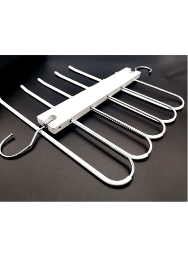 Magic Pants Hangers, Space Saving Closet Hangers 5 Layers Multi Functional Pants Rack   Solid Metal &amp; Wood Heavy Duty Wardrobe Organizer Racks for Clothes Trousers Scarves Ties (1-Pack White)
