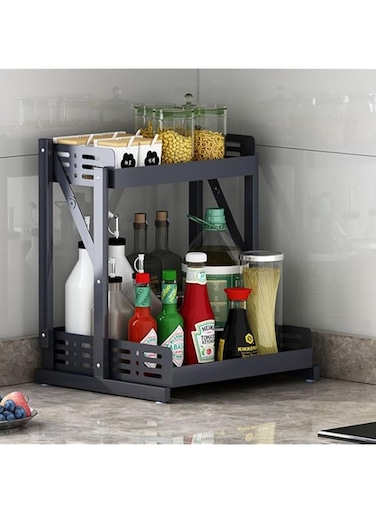 MedMad 2 Layer Pull Out Spice Rack Organizer For Countertop and Cabinet,Standing Shelf Jars Storage Holder, Foldable Seasoning Shelf Organizer for Kitchen Storage (Black)