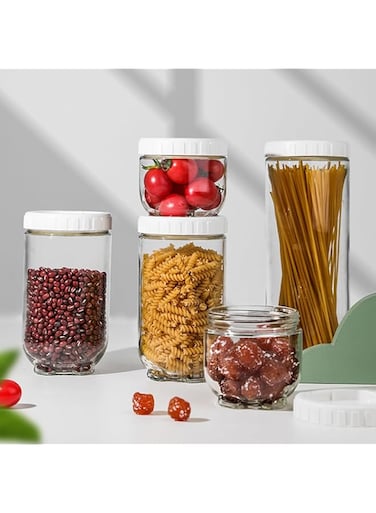 BEROZA 5-piece set of glass spice jars, round glass storage jars with lids, food grain storage spice containers, suitable for noodles, flour, cereals, rice, sugar, tea, coffee beans (B)