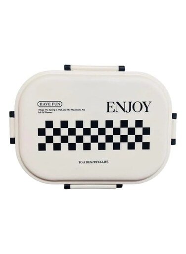 Enjoy Checkerboard Lunch Box with Spoon, Divided Compartments, White and Navy, Leakproof Bento Box for Work or School