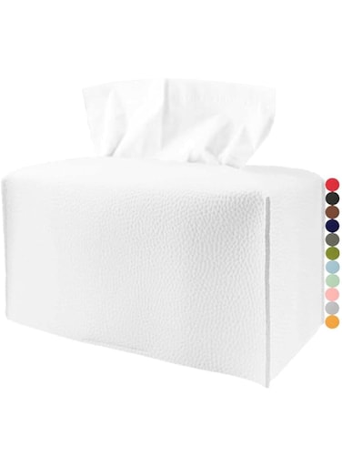 JESMINI Large RectangleTissue Box Cover &ndash; with Bottom Belt [, White] Faux Leather Rectangular Tissue Box Cover Decorative for Bathroom Vanity Countertop/Night Stands/Office Desk&hellip;, Large/1Pack