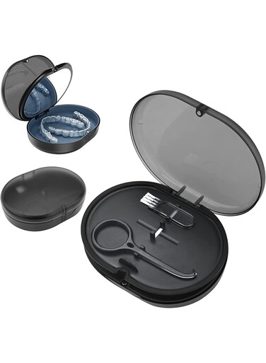 Retainer Case, Portable Denture Bath Case, Denture Box Dental Storage Container with Denture Cleaner Brush Denture Container Portable, False Teeth Storage Container for travel retainer cleaning