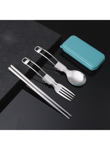 Portable Cutlery Set 304 Stainless Steel Spoon Fork Chopsticks Set with Green Storage Box