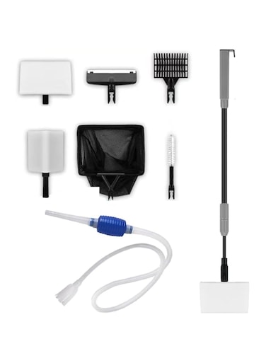 SUSOO 6-in-1 Fish Tank Cleaning Kit with Adjustable Long Handle, Aquarium Cleaning Tools with Cleaning Brush &amp; Algae Scraper, with 1.43m(59 inch) Gravel Vacuum for Aquarium, Sand, Glass &amp; Turtle Tank