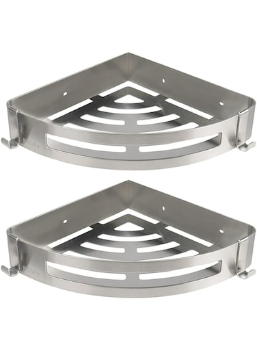 NearMoon Bathroom Corner Shelf Shower Caddy 2 Pack, No Drill, 304 Stainless Steel, with Two Hooks (Brushed Nickel)