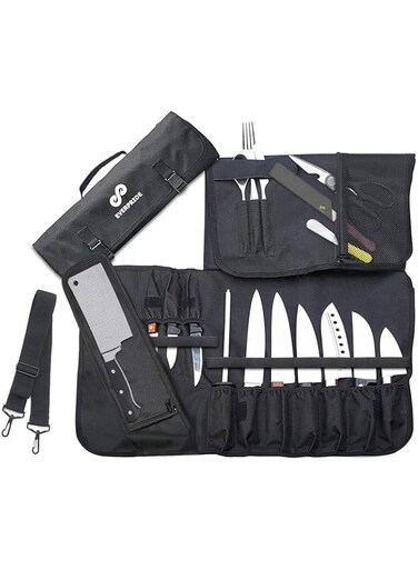 EVERPRIDE Chef Knife Roll Bag Holds 10 Knives &ndash; Contains 2 Large Zippered Pockets for Meat Cleavers and Cooking Tools &ndash; Durable Knife Case for Chefs and Culinary Students &ndash; Knives Not Included