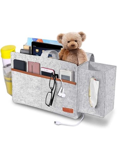 Azonee Bedside Pocket Felt Hanging Storage Bag with Tissue Box and Water Bottle Holder, Dorm Bedroom Bed Sofa Organizer for Phone, Tablet, Remote, Magazines, Light Grey