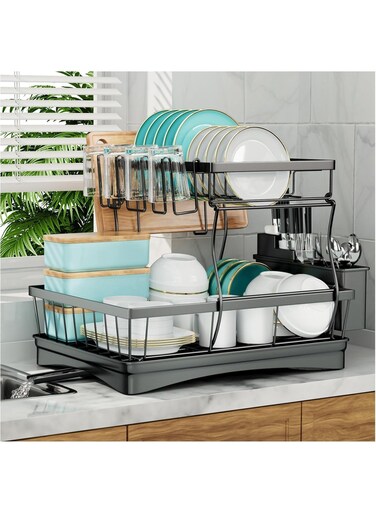 Large Dish Drying Rack for Kitchen Counter, Detachable Dish Drainer Organizer with Utensil Holder &amp; Cup Holder &amp; Drain Board &amp; Cutting Board Holder, Large Capacity Dish Drainer