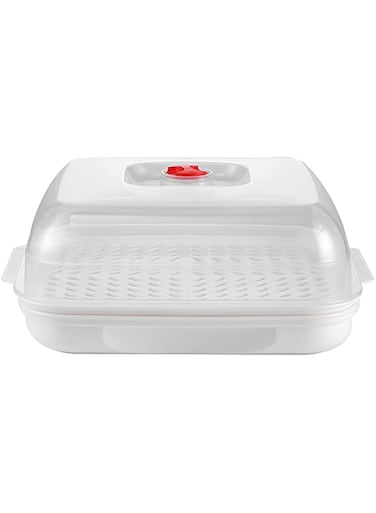 TERRIFI Microwave Steamer with Lid and Tray, Large Square Drain Basket, Vegetable Storage Plate, Kitchen Microwave Cookware and Food Container Supplies