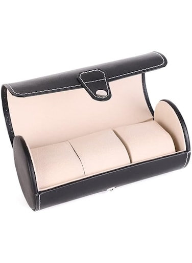 eWINNER Portable Cylinder 3 Slots Watch Storage Box Watch Bracelet Jewelry Gift fashion Travel Organizer Watches Case Leatherette Roll Display Storage Pouch Jewelry Box for Men Women (Black)