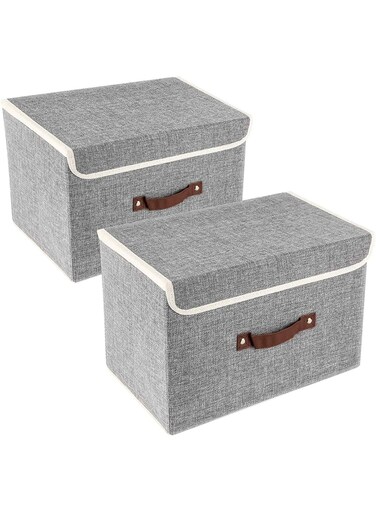 2 Pack Foldable Storage Boxes with Lids, Cotton Linen Storage Bins with Handles for Clothes, Toys, Books, Shelves, Office and Closet Organization &acirc;&euro;&ldquo; Grey, 38 x 25 x 25 cm
