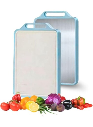 Board Double Sided, Food-Grade Stainless Steel Chopping Board with Handle, Wheat Straw Cutting Boards for Kitchen Meat Fruit Vegetable, Non Slip Easy to Clean, 15 * 11 inch, 1 Piece