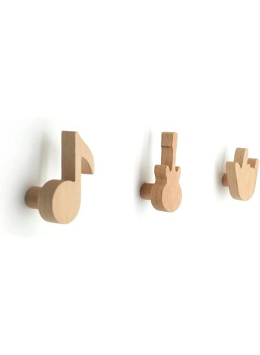 NALACAL Wood Cute Coat Wall Hooks, Musical Note Guitar Hook, Modern Minimalist Decorative Coat Hooks Wall Mounted for Hanging Coats, Towel, Hat, Keys, Bag, 3 Pcs