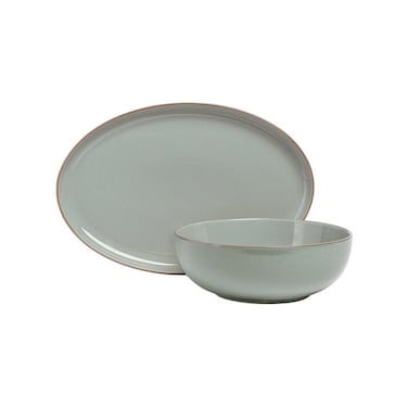 Over&amp;Back Options Stoneware 2 Piece Serving Set, Durable Everyday Serveware, 1 x Serving Bowl - 25.7 cm / 2.89 L &amp; 1 x Serving Platter - 40.8 x 27.3 cm - Sage Green