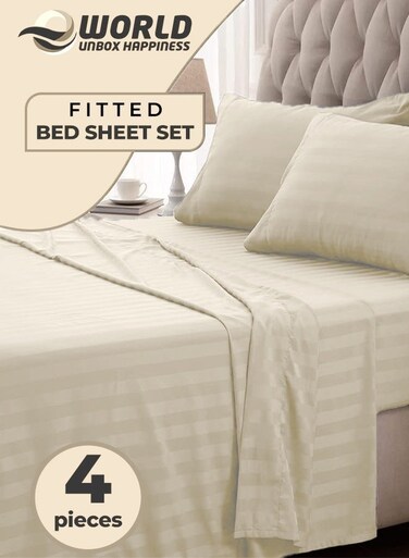 4-Piece Luxury King Size Cream Striped Bedding Set Includes 1 Duvet Cover (220x240cm), 1 Fitted Bed Sheet (200x200+30cm), and 2 Pillow Cases (48x74+5cm) for Ultimate Hotel-Inspired Sophistication
