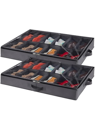 Lifewit Under Bed Shoe Storage Organizer Set of 2, 4.3 Inches Tall Low Profile Fabric Shoes Container Box with Clear Cover, Foldable Storage Bag with 2 Handles, Total Fits 24 Pairs of Shoes, Grey