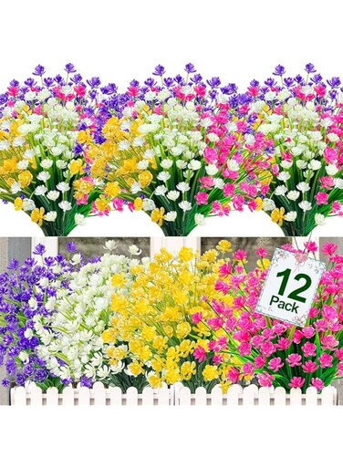 Tazweeq Artificial Flowers for Outdoors UV Resistant Fake Plants, Faux Plastic Fake Flowers Artificial Plants for Home Window Box Porch Indoor Cemetery Fall Summer Decor(12 Bundles)