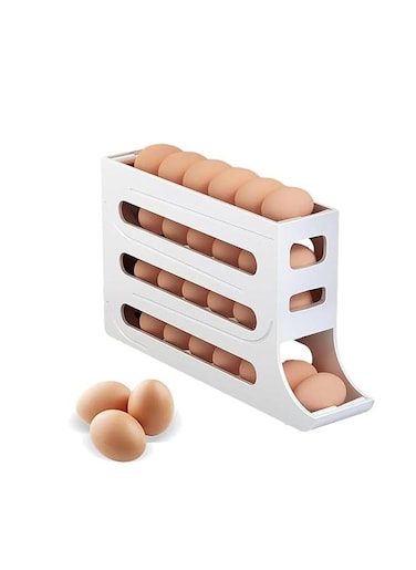 COOLBABY 4-Layer Egg Storage Rack Auto Rolling Fridge Egg Organizer 30 Eggs Auto Rolling Egg Dispenser Space-Saving Egg Holder Rack (White)